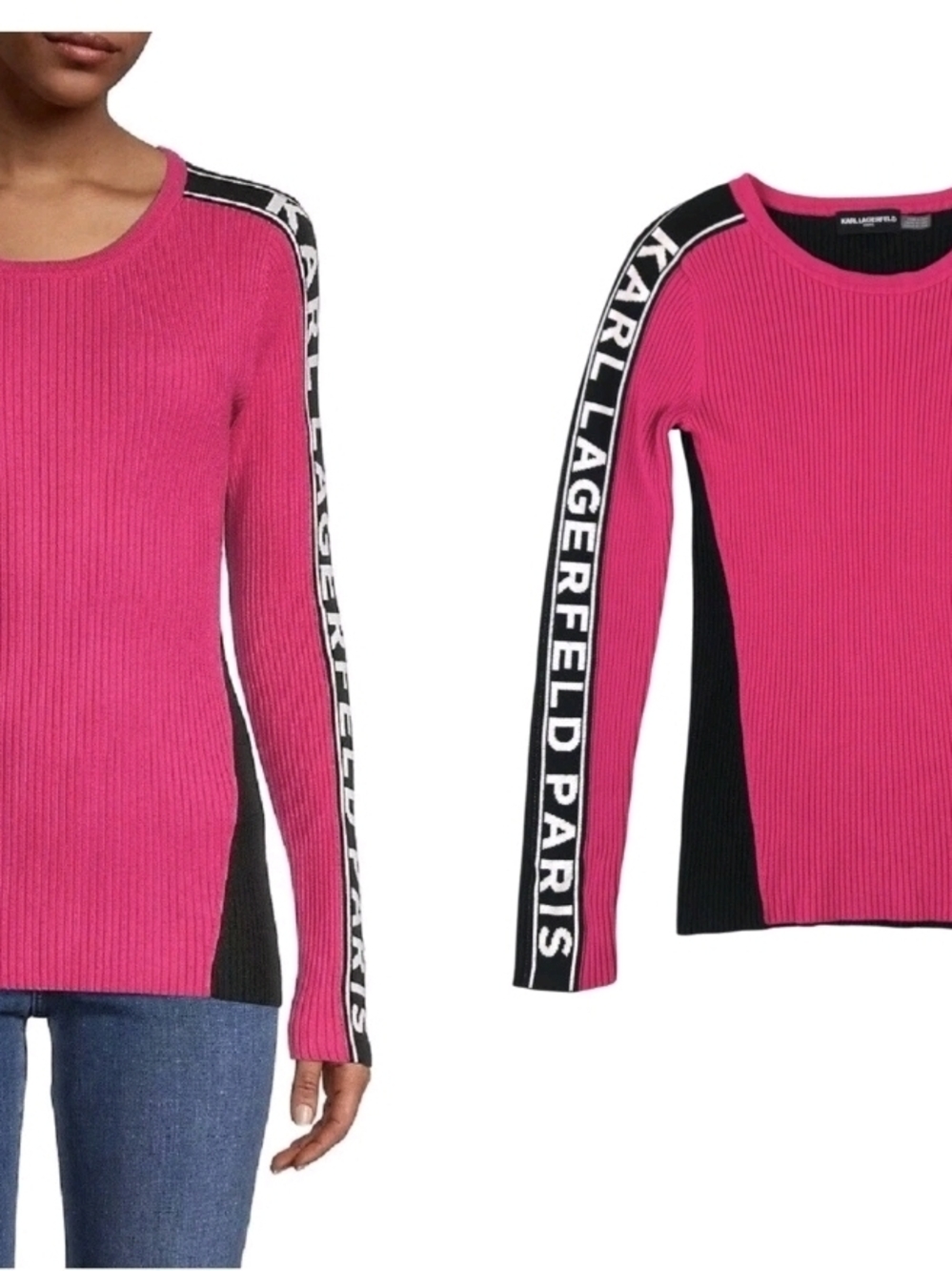 Karl Lagerfeld Hot Pink Ribbed Logo Tape Long Sleeve Sweater with Black Panels - Picture 3 of 3